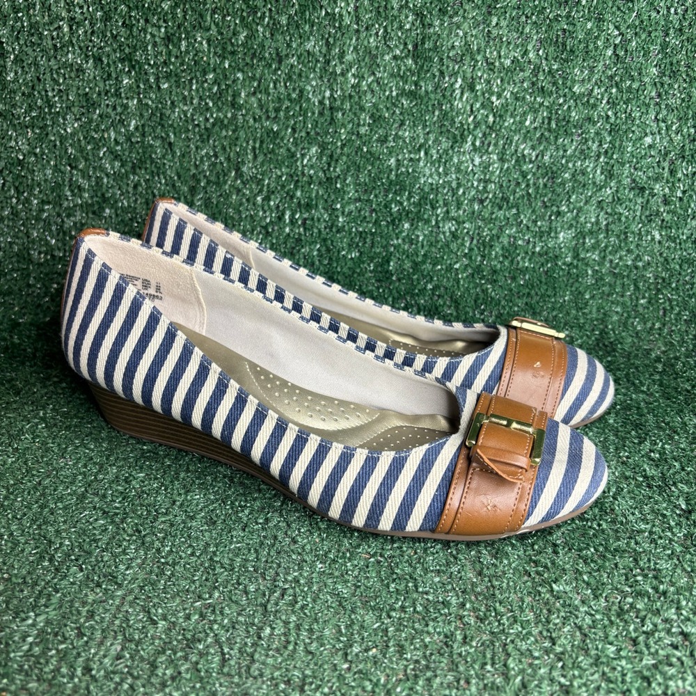 Dexflex Comfort Stripe Buckle Nautical Preppy Wedge Heels Blue Cream Womens 11